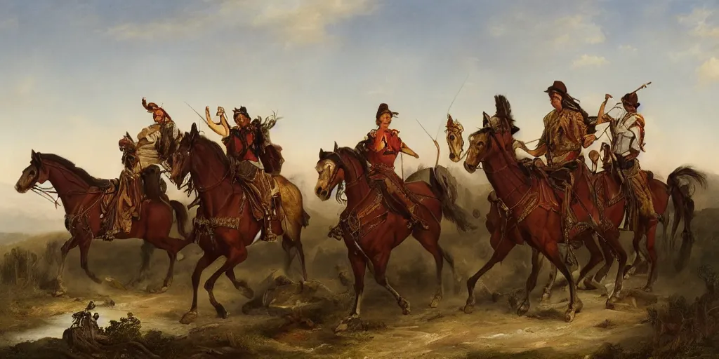 Image similar to artwork by eugene von guerard, the four horsemen