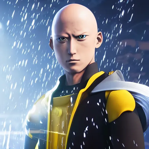 Image similar to a portrait of saitama as a genshin impact character, ingame shot from genshin impact, wet reflections, unreal engine 5, intricate details, fantasy, hyper realism, humongous view, rtx, smooth, cinematic