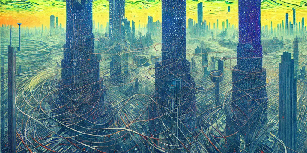 Image similar to Crystal Tower by Simon Stålenhag and Umberto Boccioni, oil on canvas