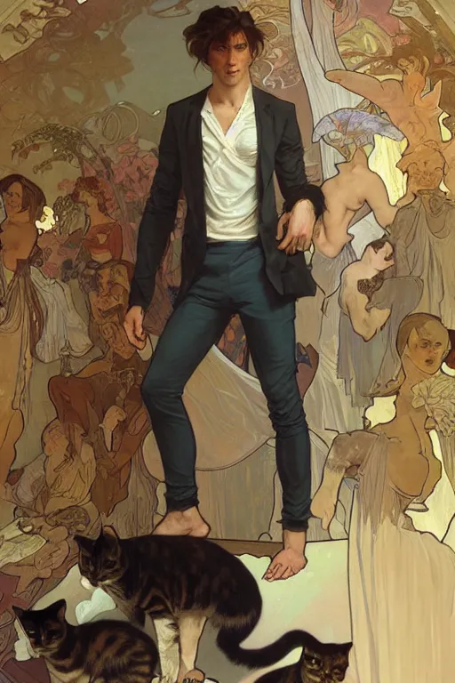 Prompt: full body portrait of a single beautiful young fit man, modern haircut, open shirt, large pants. by greg rutkowski and alphonse mucha, d & d character, in front of a modern room background full of resting cats, highly detailed portrait, digital painting, artstation, concept art, smooth, sharp focus illustration, hq