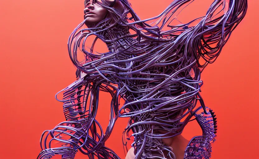 Prompt: featureless cyborg future bass abstract shapes statue bust curls of hair bold lush side view body photography model full body curly jellyfish muscles art contrast vibrant futuristic fabric skin material metal veins style of Jonathan Zawada, Thisset colours simple background objective