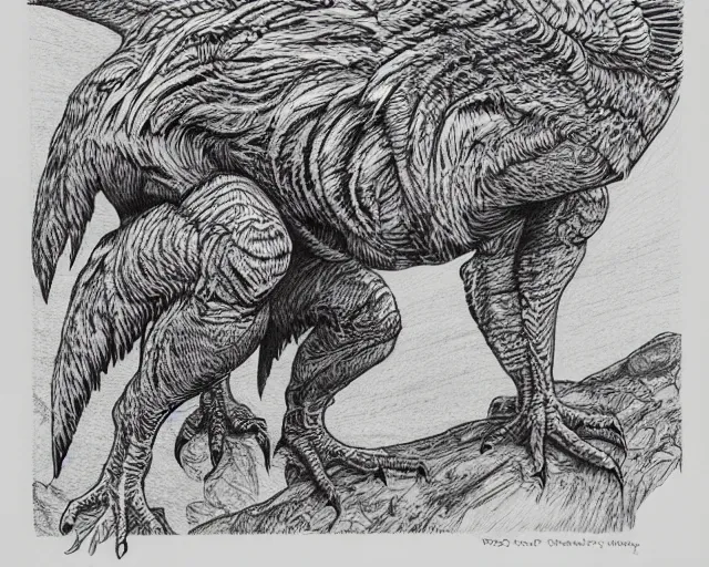 Image similar to a feathered velociraptor, full body, pen-and-ink illustration, etching, by Russ Nicholson, DAvid A Trampier, larry elmore, 1981, HQ scan, intricate details