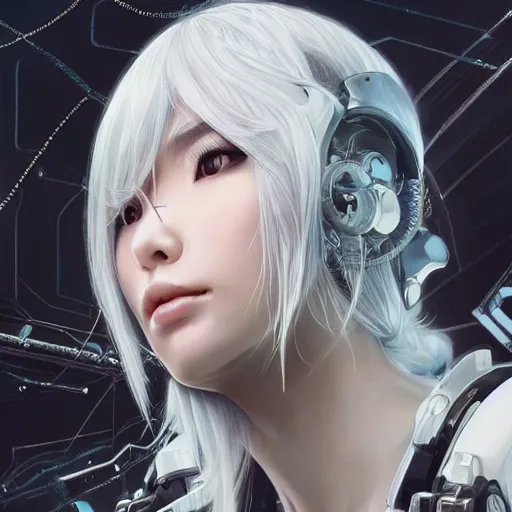 Image similar to ultra realistic illustration of cyborg song hye - kyo, warframe, intricate, nier automata, sunset, white hair, elegant, highly detailed, very intelligent, digital painting, highlights, artstation, concept art, smooth, sharp focus, illustration, art by artgerm and akihiko yoshida and alphonse mucha