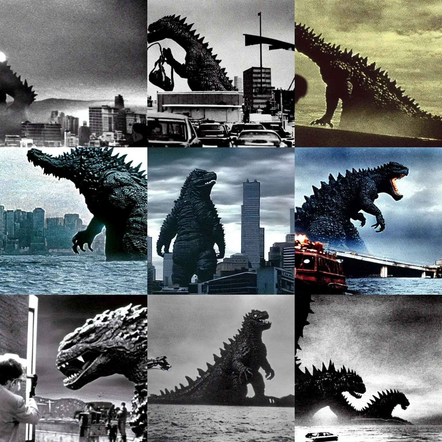 Prompt: still of the godzilla movie by jean - luc godard