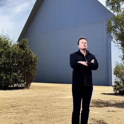 Prompt: Elon musk standing in front of a Barndominium, large metal home