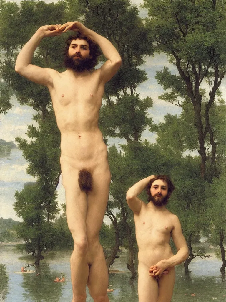 Image similar to perfect young hairy man bathing by the lake, the water is sparkling and shimmering, by bouguereau and by andrey remnev