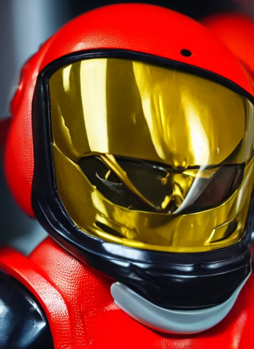 Image similar to helmet portrait of a figurine of samus aran's varia suit from the sci - fi nintendo videogame metroid. glossy. red round helmet, orange shoulder pads, green visor. shallow depth of field. suit of armor.