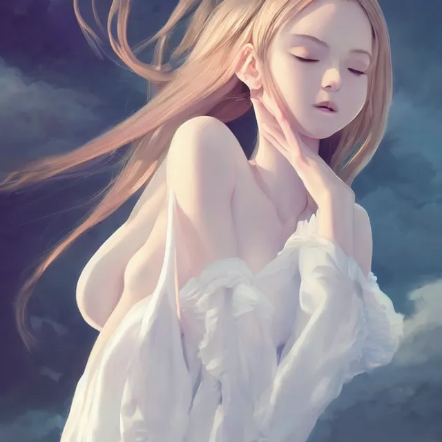 Image similar to infinitely detailed full - body portrait pale female peaceful dream angel wearing elegant clothes. beautiful! scenery art! by wlop & murata range, by ilya kuvshinov. artstation!! / pixiv!!