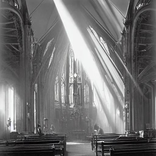 Prompt: an early photograph of a steampunk cathedral with god rays from the 19th century