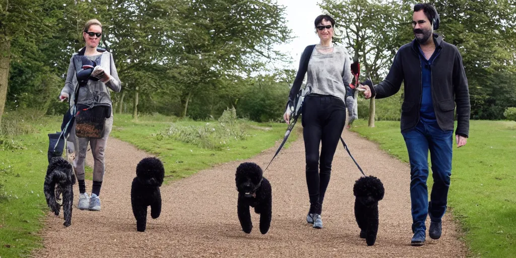 Prompt: adam buxton and his dog rosie recording a podcast while walking, norfolk, black dog, poodle-whippet, photorealistic