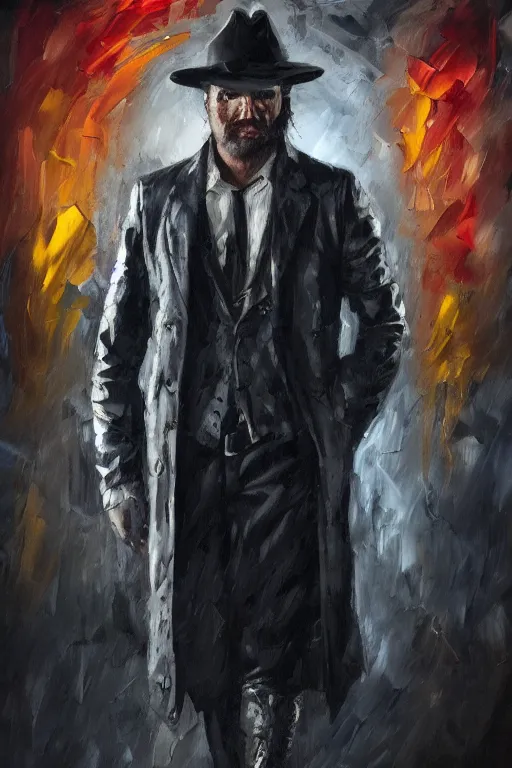 Image similar to palette knife oil painting of the norse god tyr as a noir detective with a missing hand. fedora, trenchcoat. extreme detail. artstation trending, any racial background, artgerm, deviant art, octane, substance, art history 8 k