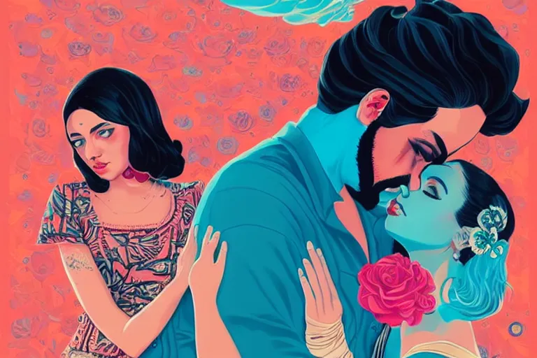 Prompt: a hispanic girl with medium length 4 b hair, and a short - bearded mixed race man with short 4 a hair, in love selfie, tristan eaton, victo ngai, artgerm, rhads, ross draws