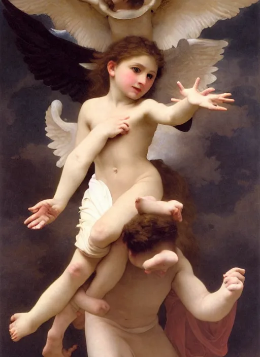 Prompt: a young girl holding the head of a monster, flying in the sky surrounded by angels, extremely realistic and highly detailed painting by william - adolphe bouguereau and caravaggio, soft light, gold ratio