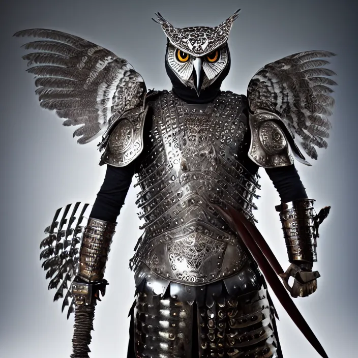 Image similar to full length portrait photograph of a warrior with metal owl armour Extremely detailed. 8k