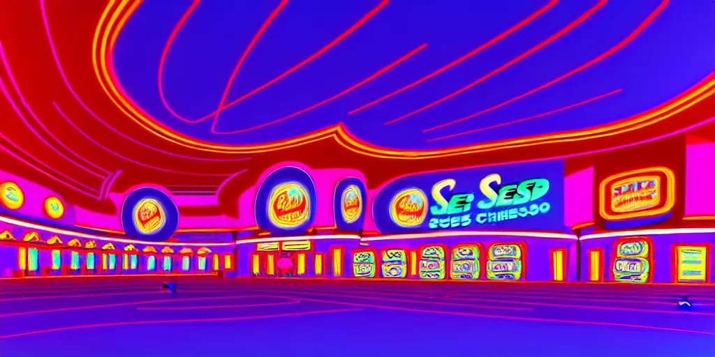 Image similar to extreme wide angle curved perspective digital art of sss indoor casino with a stage pale colors by anton fadeev from nightmare before christmas