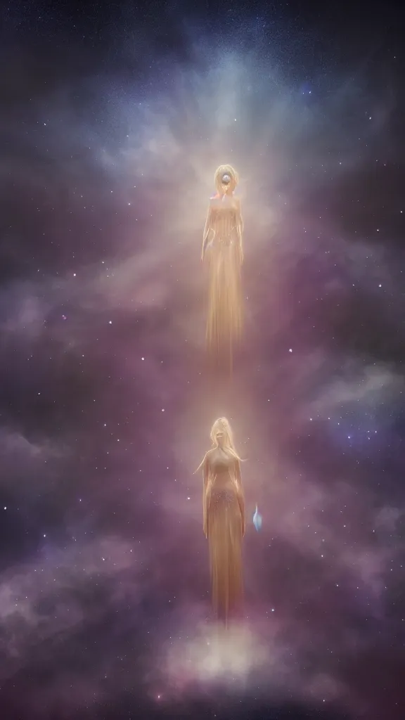 Image similar to god with a cape, full body, galaxy, and, stars, atmosphere, ethereal, insanely, detailed, volumetric, symmetrical, concept art, charlie bowater, kelly mckernan, unreal engine, 8 k