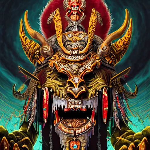 Image similar to side profile of barong family ancient sword with jewels, wiwek, mara demon, one single tribe member, jungle, one single mask, dark, tribal, inner glow, art by dan mumford and justin gerard