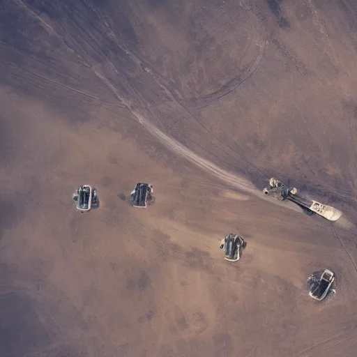 Prompt: an aerial photo of a convoy of futuristic tanks riding in a long line into a smoky hole in the ground, moody cinematic light