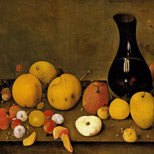 Image similar to still life of rotting fruit, pieter bruegel the elder, oil painting, yellowed