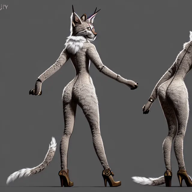 Image similar to the full body of anthropomorphic lynx fursona from behind wearing a steampunk suit as unimaginably beautiful, gorgeous, elegant, young woman with lynx head, an ultrafine hyperdetailed illustration by furaffinity, intricate linework, white fur, unreal engine 5 highly rendered, global illumination, radiant light, detailed and intricate environment