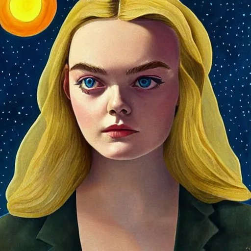 Image similar to professional painting of Elle Fanning in the style of Chesley Bonestell, head and shoulders portrait, symmetrical facial features, smooth, sharp focus, illustration, intricate, stormy weather, extremely detailed masterpiece,