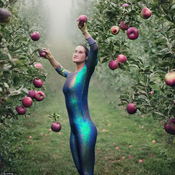 Image similar to a closeup portrait of a woman wearing a muddy iridescent holographic leotard, picking apples from a tree in an orchard, foggy, moody, photograph, by vincent desiderio, canon eos c 3 0 0, ƒ 1. 8, 3 5 mm, 8 k, medium - format print