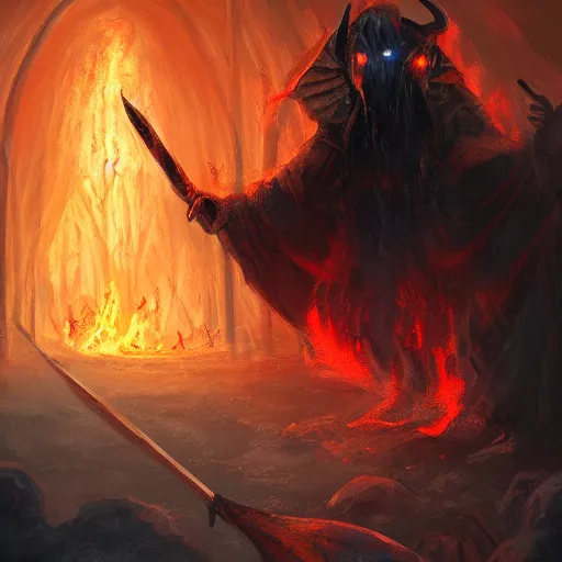Prompt: a cloaked demon holding a spear watching a house on fire, digital art, oil on canvas, trending on Artstation, award-winning