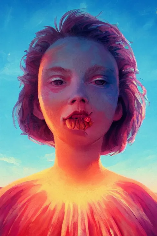 Image similar to closeup girl with huge dahlia flower face, on the beach, surreal photography, blue sky, sunrise, dramatic light, impressionist painting, digital painting, artstation, simon stalenhag