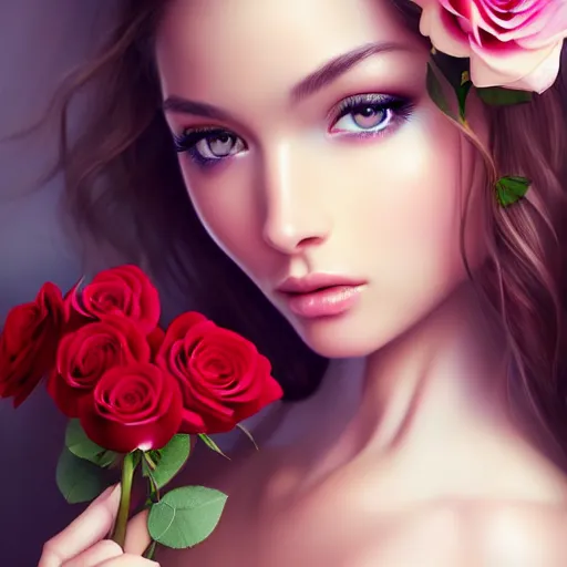 Image similar to a gorgeous female photo, professionally retouched, soft lighting, holding a bouquet of roses, realistic, smooth face, perfect eyes, wide angle, sharp focus on eyes, 8 k high definition, insanely detailed, intricate, elegant, art by artgerm