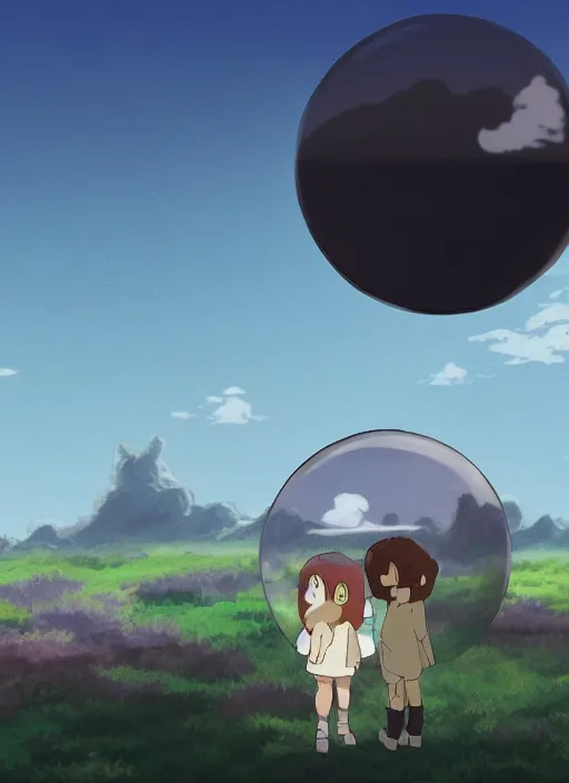 Prompt: an asymmetrical cell - shaded studio ghibli concept art study of a black cube inside a bubble in the sky. wide shot, very dull colors, hd, 4 k, hq