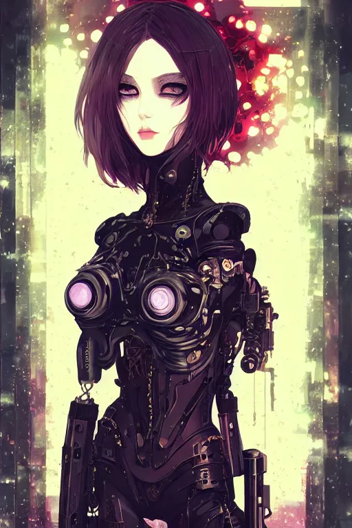 Image similar to portrait of beautiful young gothic cyborg anime maiden. Anime, cyberpunk, Warhammer, highly detailed, artstation, illustration, art by Ilya Kuvshinov and Gustav Klimt