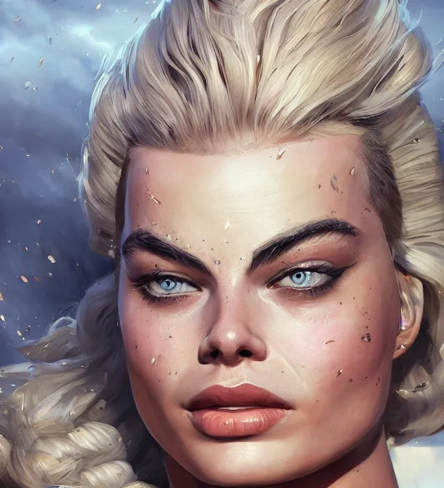 Prompt: detailed portrait of margot robbie as a thick female bodybuilder zarya from overwatch, attractive, beautiful, fantasy, intricate, elegant, highly detailed, digital painting, artstation, concept art, matte, sharp focus, illustration, art by aenaluck, artgerm and roberto ferri and greg rutkowski, epic fantasy, digital painting