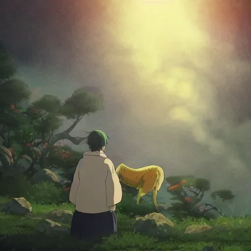 Image similar to guy and a friendly creature in the spirited away style, 4k art, high detail, smooth, anime beautiful peace scene, detailed face, studio ghibli, sharp focus high quality, fantasy, forest, detailed, wonderful, sky, night, detailed creature,