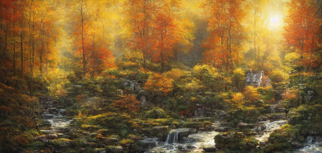 Image similar to a painting of sparse stone cottages underneath a dense tall forest, with pristine reflex from cascading ponds. gorgeous, elegant, sophisticated, an ultrafine painting, intricate brush strokes, bright depth oil colors, photography by araken alcantara. intense promiseful happiness, autumn sunrise warm light, detailed and intricate environment. hopeful. bodyscapes