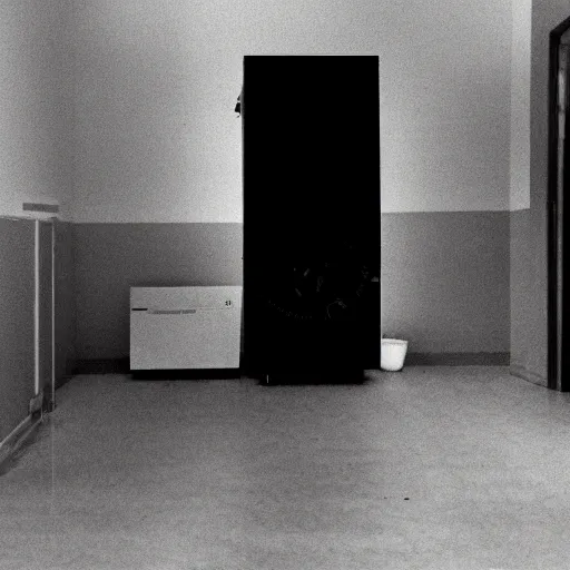 Image similar to Photograph of an old black room with a TV playing an emergency warning, dust in the air, brown wood cabinets, SCP, taken using a film camera with 35mm expired film, bright camera flash enabled, award winning photograph, sleep paralysis demon in corner, creepy, liminal space, in the style of the movie Pulse