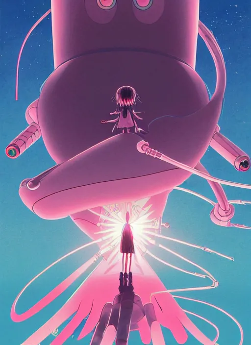 Image similar to a movie poster for a film based on the song Yoshimi battles the pink robots, part 1. by the band the flaming lips; artwork by Hiyao Miyazaki and studio Ghibli; a Japanese girl is fighting a gigantic evil Pink Robot in an alley in Tokyo; incredibly detailed artwork by James jean, Phil noto, Jon Foster, studio Ghibli