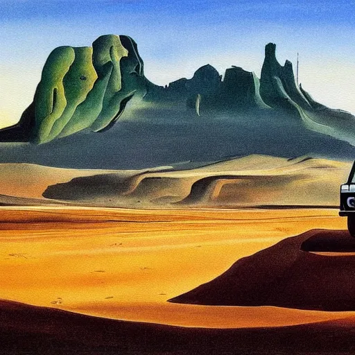 Prompt: a painting of a green range rover in the desert with mountains in the background during sunset, by Salvador Dalí