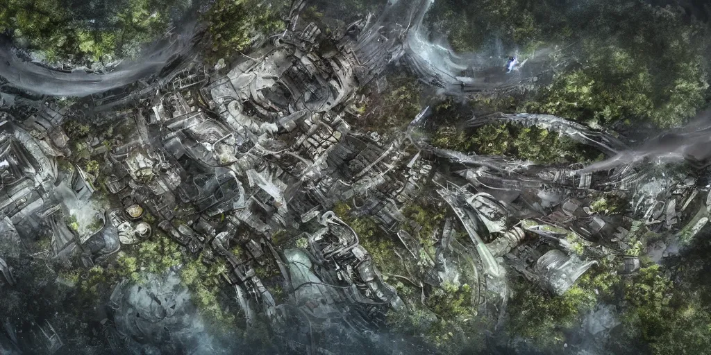 Prompt: small human settlement on an alien planet wilderness, sci fi, view from above, style of Aleksi Briclot and Andreas Roch