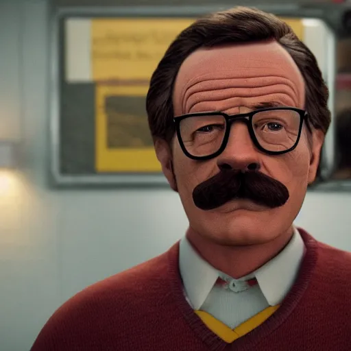 Image similar to Bryan Cranston dressed up as Ned Flanders for The Simpsons Live Action Movie film still, 4k resolution, 8k resolution, HD Quality, highly detailed, very detailed, detailed, studio quality lighting, digital art, trending on artstation, film still