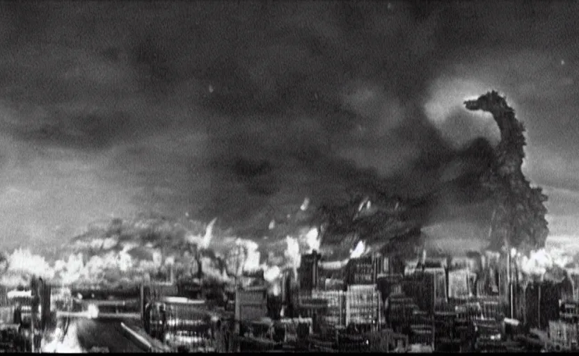 Image similar to a filmstill of Kim Jong-il, monster destroying Pyongyang, in Godzilla (1954) by Ishirō Honda, epic ultrawide shot, cinémascope