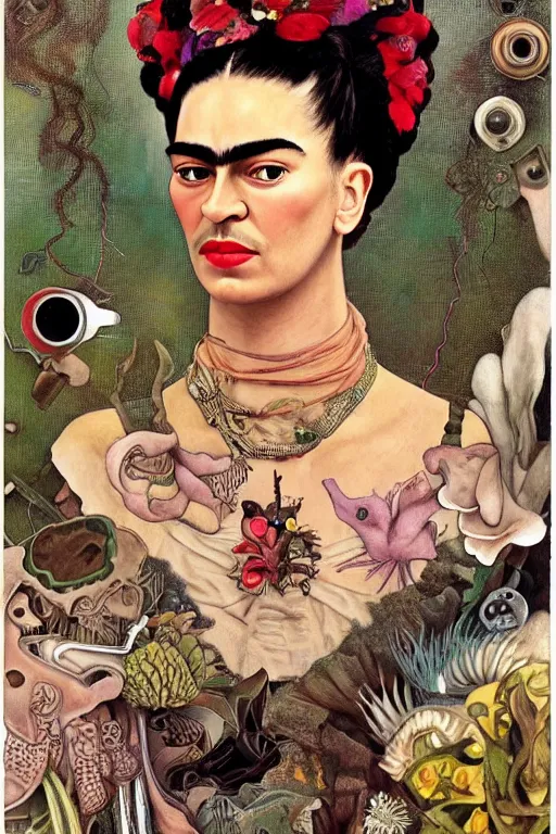 Prompt: realistic detailed portrait of frida kahlo by denis villeneuve, amano, yves tanguy, alphonse mucha, ernst haeckel, max ernst, roger dean, ridley scott, dynamic closeup