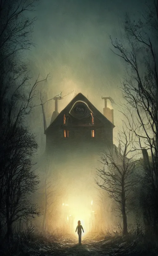 Image similar to dark fantasy concept art of a stranger things inspired landscape, spooky and creepy, with an eery vibe, dynamic lighting, photorealistic, hyper realistic, ultra detailed, ambient lighting, atmospherical, stunning visuals, creative, trending on art station, stunning visuals