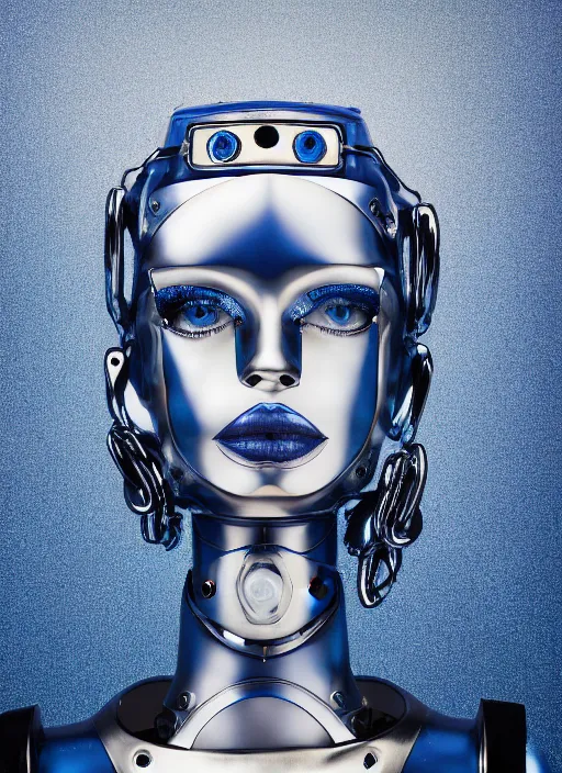 Image similar to a fashion portrait photograph of a robot head art directed by Alexander McQueen, blue color palette, 35mm, pentax, studio lighting