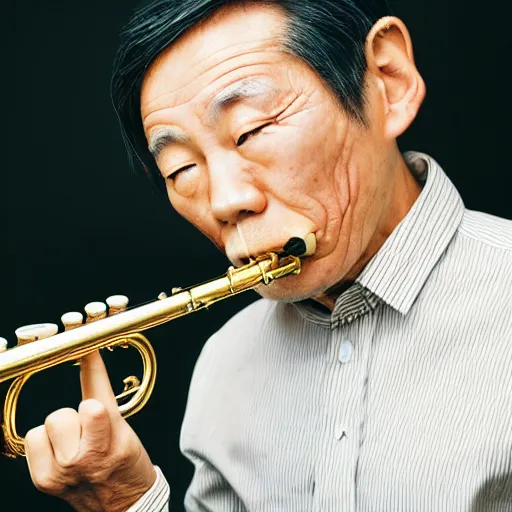 Image similar to middle aged japanese man playing the trumpet in a ska band