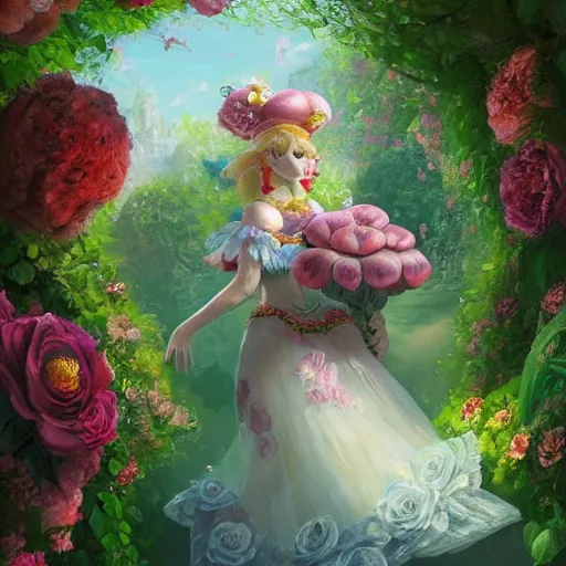 Image similar to portrait of princess peach, running through a hedge garden of exotic flowers in the Mushroom Kingdom, giant mushrooms, and roses, from behind, streets, birds in the sky, sunlight and rays of light shining through trees, beautiful, solarpunk!!!, highly detailed, digital painting by Michael Garmash and Peter Mohrbacher