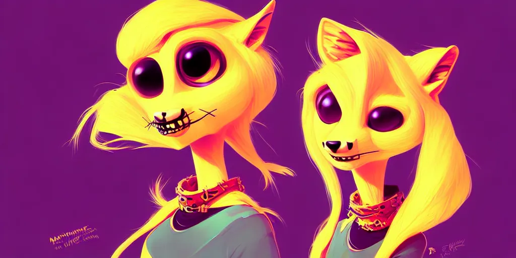 Image similar to curved perspective, extreme narrow, extreme fisheye, digital art of a female marten animal cartoon character wearing jewlery with blonde hairstyle by anton fadeev from nightmare before christmas