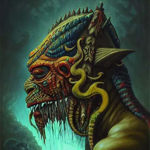 Image similar to side profile of barong family member, wiwek, mara demon, one single tribe member, jungle, one single mask, dark, ancient warrior, gorilla, lizard, tribal, inner glow, paint by peter mohrbacher