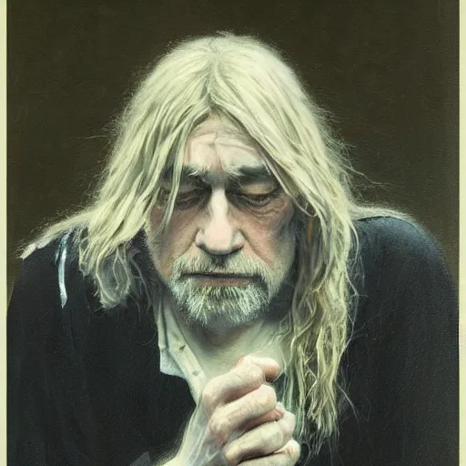 Image similar to UHD tonalism painting of an elderly, old Kurt Cobain, by Antonio Caparo and Ferdinand Knab and Greg Rutkowski, UHD, photorealistic, trending on artstation, trending on deviantart