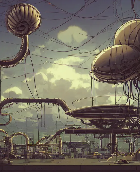 Image similar to simplicity, inflated industrial plant made from isopod lobster octopus, in the style of spaceship, overgrown with orchids, partly cloudy, somber, dramatic lighting, by geof darrow, bill sienkiewicz, dan mumford, yusuke murata, makoto shinkai, ross tran, cinematic, unreal engine, cel shaded, featured on artstation, pixiv