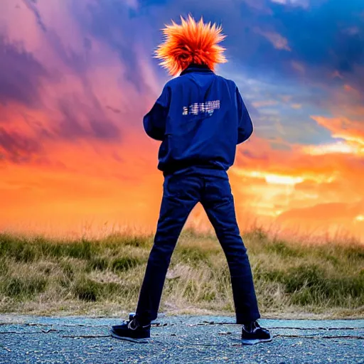 Image similar to orange - haired anime boy, 1 7 - year - old anime boy with wild spiky hair, wearing blue jacket, golden hour, partly cloudy sky, red clouds, orange sky, strong lighting, strong shadows, vivid hues, ultra - realistic, sharp details, subsurface scattering, intricate details, hd anime, 2 0 1 9 anime